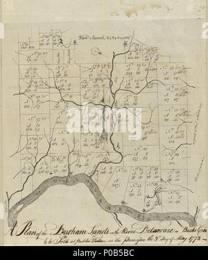 . Inglese: copre township di Durham, CONTEA DI BUCKS, Pa. mappa catastale che mostra un sacco, numeri di lotto, e prezzi. Colline, fucine, Mansion House, e grandi alberi mostrato graficamente. Titolo nel margine inferiore di inchiostro. Orientati con il nord verso la parte inferiore destra. Le Filigrane: IV, L, [Fleur de Lis su cartiglio vuoto]. In alto: importo complessivo, 8,484 acri & 52 per. LC copia rifilato, macchiato, fold-rigato, annotati in inchiostro sul recto di fornire dati sui prezzi e sul tergo in inchiostro: Progetto di Durham. Disponibile anche tramite la Biblioteca del Congresso sito Web come immagine raster. Controllo di acquisizioni n°: 7-88 Vault . Un piano di Foto Stock