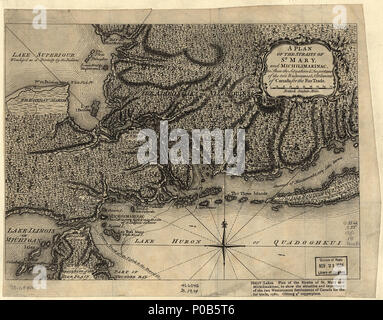 . Inglese: Scala ca. 1:75.000. LC copia ha stampato il titolo con la data errata [ossia 1781] incollato nella parte inferiore destra del margine. LC mappe di Nord America, 1750-1789, 770 disponibile anche attraverso la Libreria del Congresso sito Web come immagine raster. Vault AACR2 . Un piano dello stretto di St Mary e Michilimakinac per mostrare la situazione e importanza dei due insediamenti più occidentale del Canada per il commercio di pellicce. 1750. Sconosciuto 171 un piano dello stretto di St Mary e Michilimakinac per mostrare la situazione &AMP; importanza dei due insediamenti più occidentale del Canada per il commercio di pellicce. LOC 73694801 Foto Stock