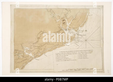 . Inglese: uno schizzo dei dintorni di Charlestown in Carolina del Sud. Dal capitano Geo. Sproule, assistente tecnico sul posto.foglio singolo. Inciso. Scala: ca. 1:130 000. Nota cartografica: variante non mostrata, ungraduated. Latitudine del nodo della bussola irradiare è dichiarato. La barra graduata in statuto miglia. Ulteriori luoghi: Charleston. Contenuto Nota: insediamenti, edifici, strade, zone umide, le fortificazioni e le posizioni militari mostrato. Colophon 1 Giugno 1780. Contiene una chiave contrassegnate da lettere A-G e da a a f. Stampato su carta Bates. Terra marrone, posizioni Britannico rosso. "Granatieri' e 'Marina Britannica' handwritt Foto Stock