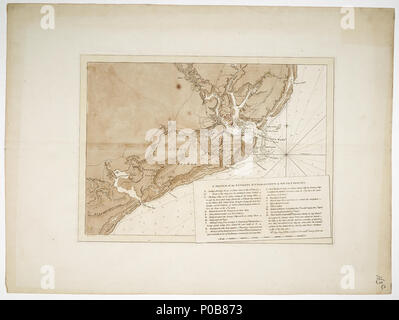 . Inglese: uno schizzo dei dintorni di Charlestown in Carolina del Sud. Dal capitano Geo. Sproule, assistente tecnico sul posto.foglio singolo. Inciso. Scala: ca. 1:130 000. Nota cartografica: variante non mostrata, ungraduated. Latitudine del nodo della bussola irradiare è dichiarato. La barra graduata in statuto miglia. Ulteriori luoghi: Charleston. Contenuto Nota: insediamenti, edifici, strade, zone umide, le fortificazioni e le posizioni militari mostrato. La piastra stessa come HNS163B. Altre caratteristiche: stampato su carta Bates. La colorazione simile a B. HNS 163C uno schizzo dei dintorni di Charlestown in Carolina del Sud. Da Ca Foto Stock