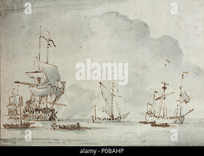 . Inglese: un'ammiraglia Inglese becalmed salutando questo può essere un disegno compositivo relative ad uno di van de Velde il tardo periodo inglese calma. Sulla sinistra è una prua dritta vista di un inglese di due-decker becalmed. Un flag vola dall'albero maestro e ci sono uomini ammainando le principali topsail. Ella è la cottura di un saluto alla porta come una chiatta tira via tutta la sua prua verso un galliot-truccate yacht visto fiancata di dritta al centro. Sulla destra vi è una nave mercantile al di ancoraggio con molte barche vicino a lei. Il disegno non è firmato. Una nave ammiraglia Inglese becalmed salutando . circa 1700. Willem van de Foto Stock