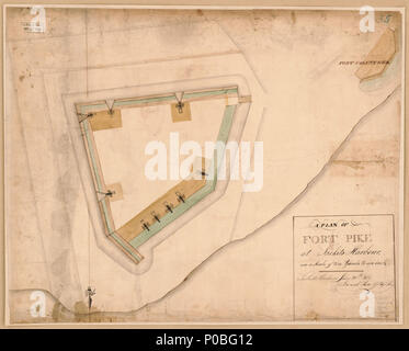 . Inglese: rilievo mostrato graficamente. Penna e inchiostro, matita e acquarello. Orientata con il nord al sud. Sul verso: "L'Ufficio del capo degli ingegneri, Dipartimento di guerra. 58510 540.' livello minimo record di catalogazione. Disponibile anche tramite la Biblioteca del Congresso sito Web come immagine raster. . Un piano di Fort Pike in astucci Porto : su una scala di dieci metri di un pollice, astucci Porto il 20 giugno 1814. 1814. Rose, Daniel; Stati Uniti. Dipartimento di guerra. Ufficio del capo degli ingegneri 170 un piano di Fort Pike in astucci Harbour - su una scala di dieci metri di un pollice, astucci Harbour 20 giugno 1814 LOC 201 Foto Stock