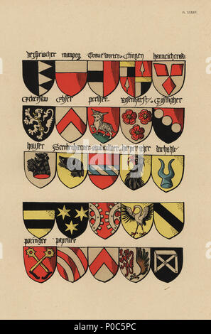 Ecu o stemmi della nobiltà Tedesca del XV secolo. Chromolithograph da Loredan Larchey's Ancien Armorial Equestre de la Toison d'Or et de l'Europe au 15e siecle (Antica Armorials equestre dell'ordine del vello d'oro e l'Europa nel XV secolo), Parigi, 1890. Dal manoscritto illustrato 4790 nella Bibliotheque de l'Arsenal. Foto Stock