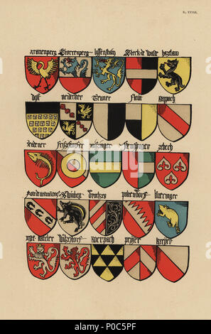 Ecu o stemmi della nobiltà Tedesca del XV secolo. Chromolithograph da Loredan Larchey's Ancien Armorial Equestre de la Toison d'Or et de l'Europe au 15e siecle (Antica Armorials equestre dell'ordine del vello d'oro e l'Europa nel XV secolo), Parigi, 1890. Dal manoscritto illustrato 4790 nella Bibliotheque de l'Arsenal. Foto Stock