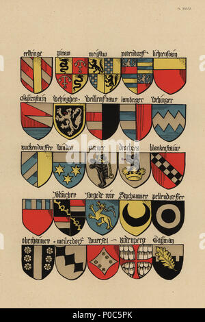 Ecu o stemmi della nobiltà Tedesca del XV secolo. Chromolithograph da Loredan Larchey's Ancien Armorial Equestre de la Toison d'Or et de l'Europe au 15e siecle (Antica Armorials equestre dell'ordine del vello d'oro e l'Europa nel XV secolo), Parigi, 1890. Dal manoscritto illustrato 4790 nella Bibliotheque de l'Arsenal. Foto Stock