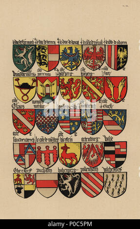 Ecu o stemmi della nobiltà Tedesca del XV secolo. Chromolithograph da Loredan Larchey's Ancien Armorial Equestre de la Toison d'Or et de l'Europe au 15e siecle (Antica Armorials equestre dell'ordine del vello d'oro e l'Europa nel XV secolo), Parigi, 1890. Dal manoscritto illustrato 4790 nella Bibliotheque de l'Arsenal. Foto Stock