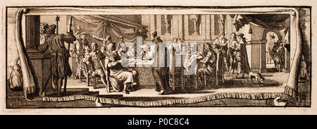 . Français : Le traité de Münster (1648) Inglese: La Pace di Münster (1648). Scena di un incontro intorno a un tavolo con i documenti con le protezioni (alabarda, stella del mattino?), un cane e una vista della santa chiesa Jacobi, Münster. La scena è dipinta su un panno imperniato ad una parete che viene tirata in avanti in due mani. Figura importante con un tubo di tabacco. Nederlands: De vrede van Münster (1648) . 1717. Anselm van Hulle (1601-dopo il 1674) nomi alternativi Anselmus Hebbelijnck, Anselmus Hebbelynck, Anselm von Hulle, Anselmus van Hulle, Anselmus von Hulle Descrizione pittore fiammingo e disegnatore da Foto Stock