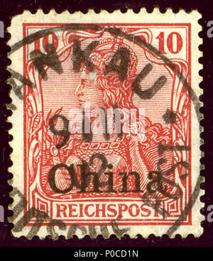 . Inglese: Timbro del tedesco post in Cina, 10 Pfennig Cina problema sovrastampa 1901, annullata (H)ANKAU DEUTSCHE POST su 9-11-02. Michel N°17. . 23 marzo 2014, 13:34:18. 1 Jacquesverlaeken 1902 DP Cina 10 Pfennig Hankau Mi17 Foto Stock