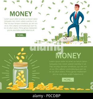 Imprenditore è in piedi su un mucchio di soldi. Le monete d'oro in barattolo. Verde dollaro banconote. Illustrazione Vettoriale con il tasto verde . Accumulo di denaro Illustrazione Vettoriale