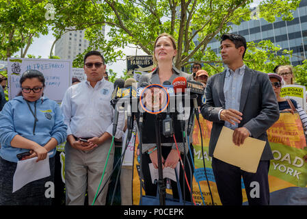 Aiuto legale società Attorney Jennifer Williams - Rendere le strade di New York i membri, il Patrocinio a spese dello Stato nella società e membro del Consiglio Carlos Menchaca terrà un rally al di fuori della Corte in materia di immigrazione a 26 Federal Plaza il 8 giugno 2018, a sostegno di un soggiorno di emergenza mozione di questo pomeriggio per Pablo Villavicencio, recentemente arrestati da immigrazione e dogane esecuzione (ghiaccio) dopo la consegna di una pizza a Fort Hamilton Army base di Brooklyn, dove una guardia di ghiaccio contattato dopo aver eseguito una verifica di fondo a Villavicencio. (Foto di Erik McGregor/Pacific Stampa) Foto Stock