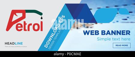 Concetto di benzina orizzontale banner pagina web template design su sfondo astratto con piatto moderno vettore isolato icona e forme geometriche. Illustrazione Vettoriale