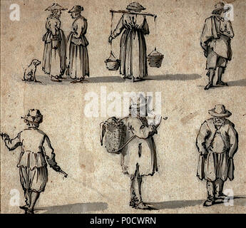 . Inglese: un foglio di sei studi di pesca persone sei gruppi di figure sono disposte attraverso il foglio in due righe. È diverso da tutti gli altri studi del popolo di pesca in van de Velde's scrivendo queste figure sono state gettando ombre, resi nel lavaggio, ma è chiudere altrimenti in stile. Nella fila superiore, due donne stanno parlando di ogni altro, accompagnati da un cane, accanto a una donna che porta un giogo e un uomo giovane. Di seguito, tre uomini sono raffigurati, quello al centro portando un cesto sulla schiena. Il disegno non firmati viene tentativamente datato a circa 1655, quando l'artista era particolarmente affollato con grisailles, in Foto Stock