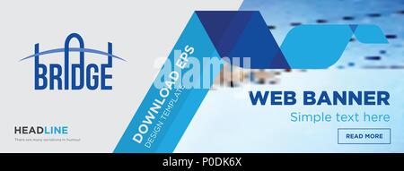 Concetto di ponte orizzontale banner pagina web template design su sfondo astratto con piatto moderno vettore isolato icona e forme geometriche. Illustrazione Vettoriale