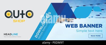 Negozio di auto concetto orizzontale banner pagina web template design su sfondo astratto con piatto moderno vettore isolato icona e forme geometriche. Illustrazione Vettoriale