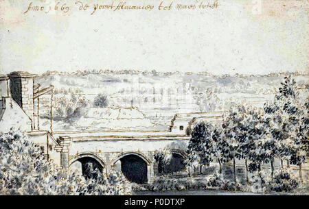 . Inglese: Maastricht, Paesi Bassi. Vista del ponte che conduce fino a Akerpoort, una delle città medievali cancelli in Wyck-Maastricht. Disegno forse da Valentijn Klotz, 1669. . 8 gennaio 2015, 17:44:18. Sconosciuto (Valentijn Klotz?), 1669 14 Maastricht, Akerpoort, 1669 Foto Stock