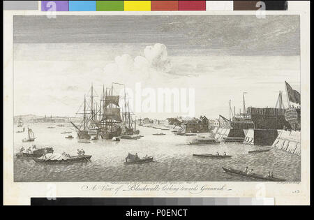 . Inglese: una vista di Blackwall guardando verso Greenwich Stampa intitolata, "una vista di Blackwall guardando verso Greenwich'. N. 11 in una serie disegnato e inciso da Boydell. Essa presumibilmente mostra Perry's yard sulla destra con (apparentemente merchant) spedizioni ormeggiato, Thames wherries e accendini e una veduta distante di Greenwich Hospital oltre il basso promontorio verde dell'Isle of Dogs. Una vista di Blackwall guardando verso Greenwich . 1750. John Boydell (1719-1804) nomi alternativi Giovanni mi Boydell; Aldn Boydell; Boydell; Giovanni, Alderman Boydell; Alderman Boydell Descrizione British publ Foto Stock