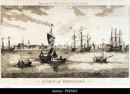 . Inglese: una vista di Deptford. Per inciso Harrison Storia di Londra di rame-piastra di stampa, dal titolo sotto l'immagine 'una vista di Deptford' e letterati sopra di esso 'incisi per Harrison Storia di Londra' che la identifica come una piastra da Walter Harrison pubblicazione del 1775. La guglia di Thomas Archer la chiesa di San Paolo e la torre di San Nicola sono visibili sulla sinistra. Una nave da guerra (battenti bandiere) e parzialmente truccate una bugia off il foreshore dove sono gli altri essendo costruito in quello che è presumibilmente destinato a essere il Royal Dockyard. Tuttavia, l'immagine non è in alcun modo up-to-date per 1775 quando il Foto Stock