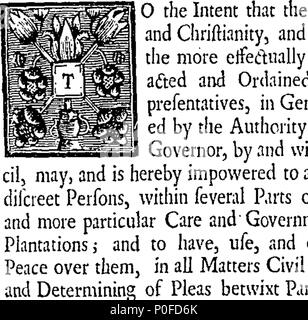 . Inglese: Fleuron dal libro: atti e legislazioni, passata dal grande e Tribunale o assemblaggio della provincia del Massachusetts-Bay in New-England, dal 1692 al 1719. Per cui è preceduto, carta, concessi dalla loro tardi Maestà il Re William e Queen Mary, per gli abitanti di detta provincia, A. D. 1691, Annoq; Regni 30. 259 atti e legislazioni, passata dal grande e Tribunale o assemblaggio della provincia del Massachusetts-Bay in New-England, dal 1692, a 1719 T Fleuron137857-39 Foto Stock