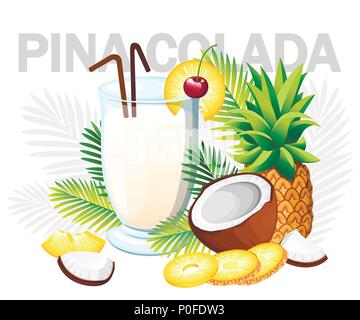 La Pina Colada cocktail. Cocktail tropicale con noce di cocco e ananas. Vetro con tubo di bevande. Verde di foglie di palma. Illustrazione Vettoriale su sfondo bianco Illustrazione Vettoriale