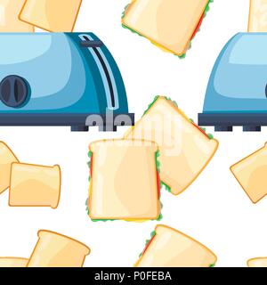 Modello senza giunture. Tostapane blu. Tostapane in acciaio con due fette di pane. Stile Cartoon design. Due pronto a mangiare panino. Illustrazione Vettoriale su bianco Illustrazione Vettoriale