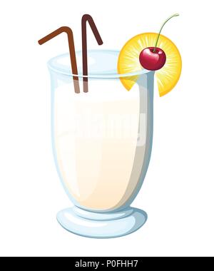 La Pina Colada cocktail guarnito con ciliegie al maraschino. Cuneo di ananas. Marrone tubi di paglia. Piatto illustrazione vettore isolato su sfondo bianco. Illustrazione Vettoriale