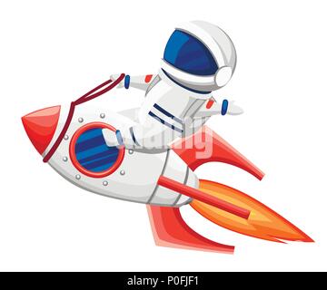 Carino astronauta illustrazione. Astronauta siede sulla rucola e volare attraverso lo spazio. Cartoon stile design. Piatto illustrazione vettore isolato su bianco backg Illustrazione Vettoriale