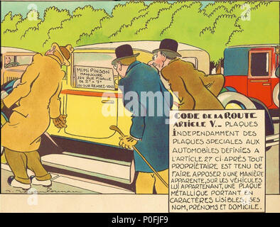 . Français : Dessin humoristique extrait d'onu album publicitaire sur le code de la route en France vers 1930 et édité par la compagnie Shell, imprimerie Max Cremnitz à Paris. . Français : Le code de la route à la portée de Tous, publié par Shell. . Circa 1930 23 Code de la route (30) Foto Stock