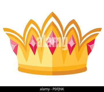 Golden crown con gemme di colore rosso. Royal Crown cerimoniali. Design piatto stile. Illustrazione di vettore isolato su sfondo bianco. Illustrazione Vettoriale