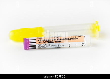 Narcan, naloxone cloridrato, spray nasale per il trattamento di una overdose di eroina Foto Stock