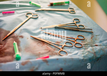 Argento ginecologo strumenti utilizzati durante il parto in ospedale Foto Stock