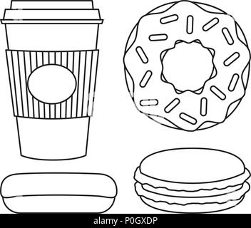 Line art in bianco e nero caffè e ciambelle impostato Illustrazione Vettoriale