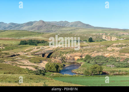 Un paesaggio di fattoria con una singola corsia ponte sulla strada R396 oltre la campana fiume vicino a Rodi nella provincia del Capo orientale del Sud Africa Foto Stock