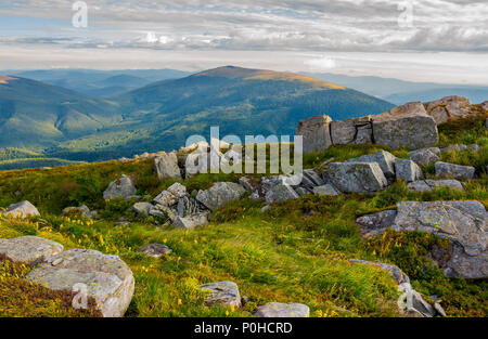 Fila di massi sulla collina. Bella vista da esecuzione di montagna, Ucraina. nuvoloso agosto mattina Foto Stock