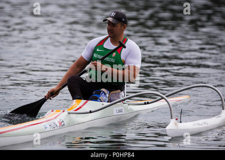 Il 9 giugno 2018, Ada Ciganlija CORSO REGATA, Belgrado, Serbia; ECA Canoa Sprint e Paracanoe Senior European Championships; Tamas Juhasz di HUN compete in uomini VL2, finale, 200m gara sprint Foto Stock