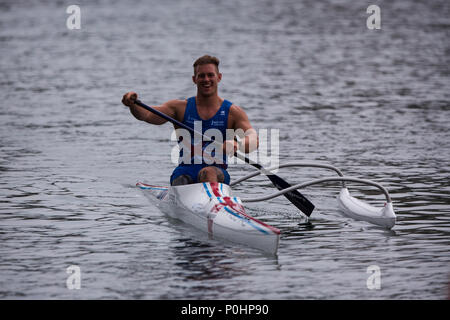 Il 9 giugno 2018, Ada Ciganlija CORSO REGATA, Belgrado, Serbia; ECA Canoa Sprint e Paracanoe Senior European Championships; Jack Eyers di GBR compete in uomini di VL3, una Finale, 200m gara sprint Foto Stock