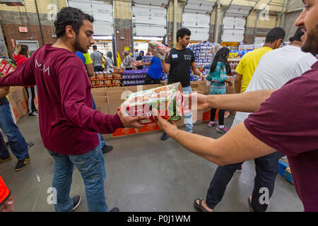 Novi nel Michigan STATI UNITI D'America - 9 giugno 2018 - musulmana volontari pacchetto scatole di cibo per i meno fortunati nell'area di Detroit durante il mese del Ramadan. I musulmani sono tenuti a contribuire al lavoro caritativo durante il mese. Credito: Jim West/Alamy Live News Foto Stock