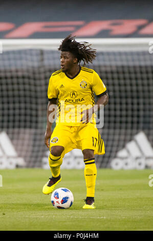 Sabato, Giugno 09, 2018: Columbus Crew SC defender Lalas Abubakar (17) guarda per un pass per la partita tra New York Red Bulls e Columbus Crew SC a MAPFRE Stadium, in Columbus OH. Obbligatorio Photo credit: Dorn Byg/Cal Sport Media. Columbus Crew SC 1 - New York Red Bulls 1 Credito: Cal Sport Media/Alamy Live News Foto Stock