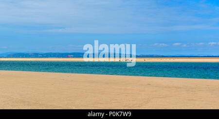 Spiaggia di CULBIN MORAY Scozia miglia di spiaggia di sabbia con guarnizioni di tenuta e sul canale del mare con la bassa marea rosso barca sull orizzonte Foto Stock