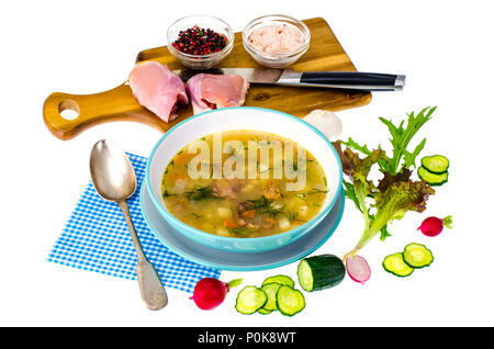 Calda zuppa di verdure con carne di pollo. Foto Studio Foto Stock