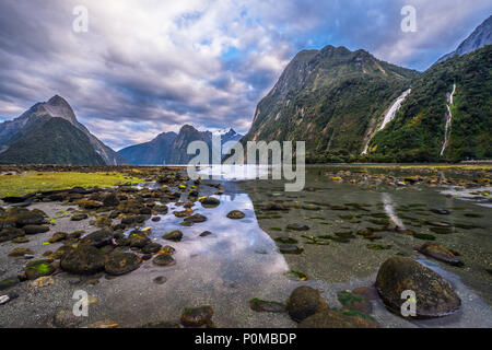 Milford Sound (Piopiotahi) è una famosa attrazione nel Parco Nazionale di Fiordland,'Isola Sud della Nuova Zelanda Foto Stock