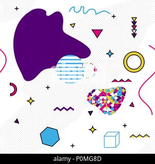 Memphis modello di forme geometriche per il tessuto e cartoline. Hipster poster, succosa, colore brillante background. Illustrazione Vettoriale