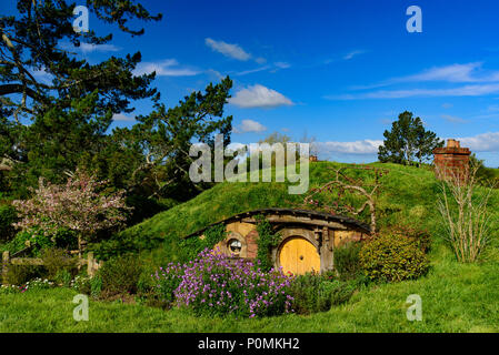 Hobbiton Movie set di Shire nel Signore degli Anelli e Lo Hobbit trilogie, Matamata, Nuova Zelanda Foto Stock