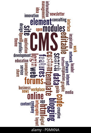 CMS (content management system) word cloud concetto su sfondo bianco. Foto Stock