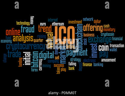 ICO (iniziale offerta di moneta) word cloud concetto su sfondo nero. Foto Stock