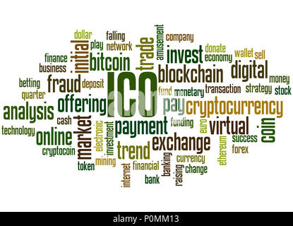 ICO (iniziale offerta di moneta) word cloud concetto su sfondo bianco. Foto Stock