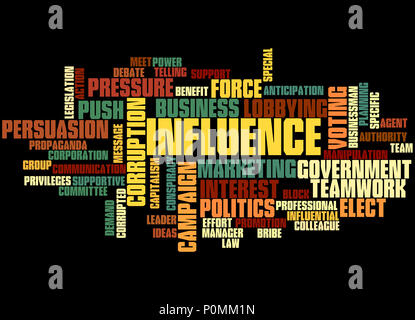 Influenza di parola il concetto di cloud su sfondo nero. Foto Stock