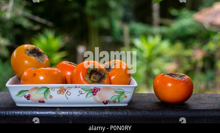 Gruppo di persimons organico (caqui) tutta la frutta nel recipiente di ceramica su legno contro sfondo tropicale Foto Stock