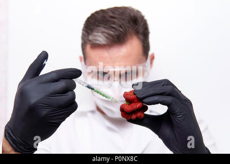 Le mani di uno scienziato in nero guanti con una siringa con una iniezione e una fragola di forma insolita su uno sfondo bianco. Foto Stock