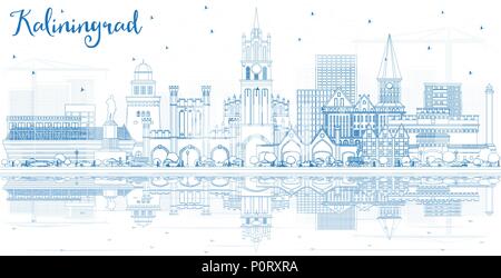 Delineare Kaliningrad Russia dello skyline della città con edifici blu e riflessi. Illustrazione Vettoriale. Illustrazione Vettoriale