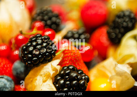 Bacche sfondo. More, fragole, mirtilli, lamponi mirtilli, pallon di maggio, di ciliegie, di banane Foto Stock